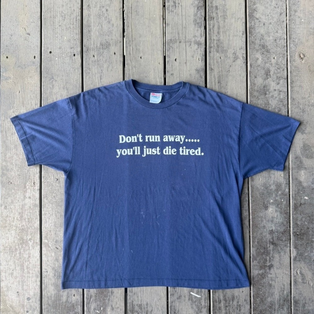 Vintage 90s Dont Run Away You'll Just Die Tired ACME Graphic T-Shirt XL Navy